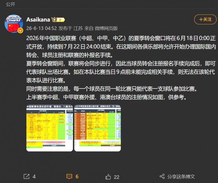 2026中国联赛夏季转会窗6月18日开启,手续完成即可出战